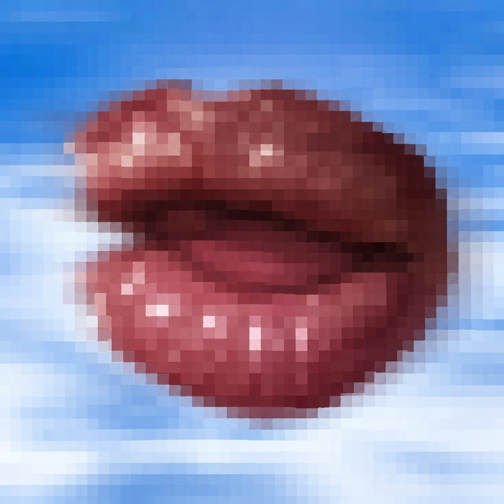 Pixel-art red lips against a blue sky